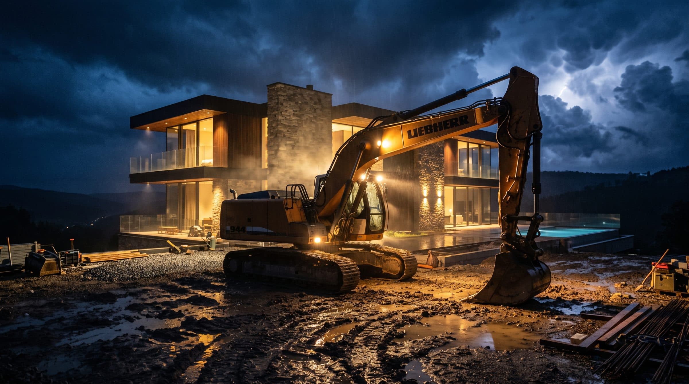 A self-build home under construction at night